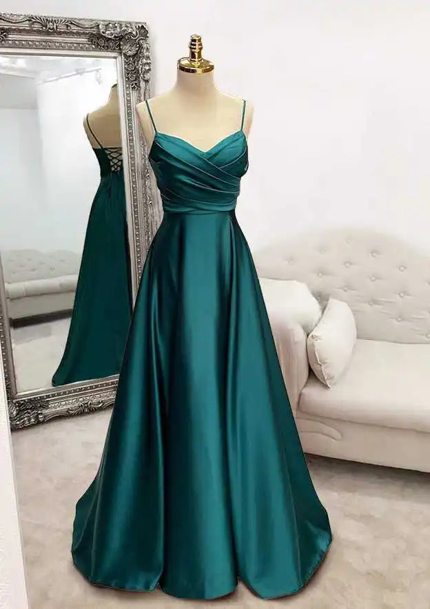 Serene Hill 2024 Arabic Green A-Line Spaghetti Straps Floor-Length Satin Prom Dress with Pleats for Women's Party LA72684