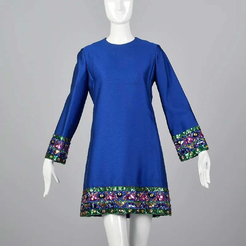 Large 1960s Marshall Field & Co. 28 Shop Blue Shift Dress with Sequin Trim Unlabeled Malcolm Starr Large 1960s Marshall Field & Co. 28 Shop Blue Shift Dress with Sequin Trim Unlabeled Malcolm Starr