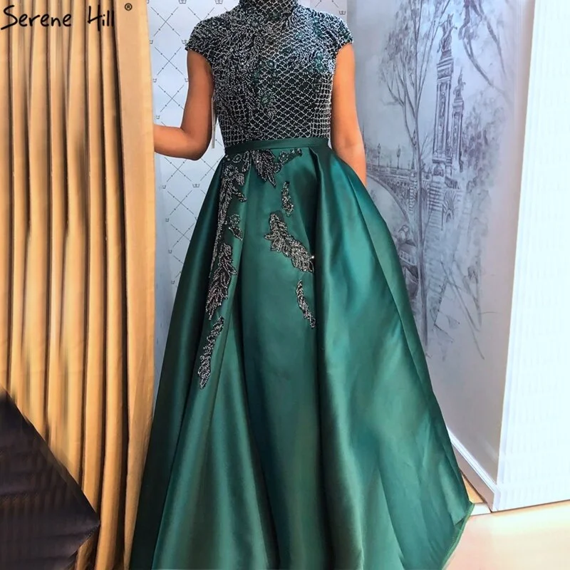 Serene Hill Satin Green A-Line Beading  Evening Gowns 2024 Dubai High Collar Cap Sleeves Formal Dress Design LA70761