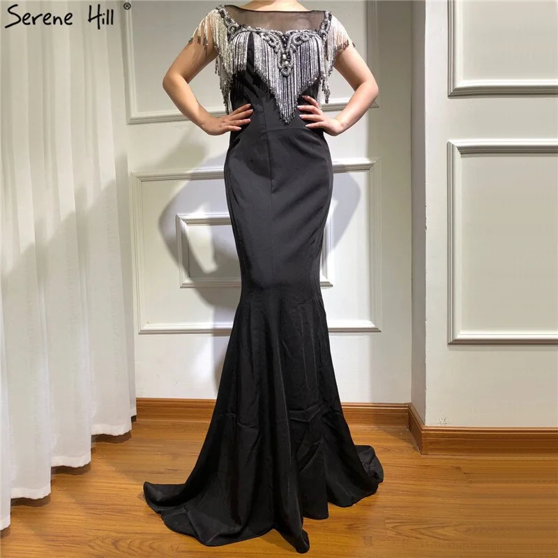 On Sale no return no refundSale Black Sleeveless Mermaid Evening Dresses 2024 Beading Tassel Sexy Elegant Formal Dress Serene Hill LA70078