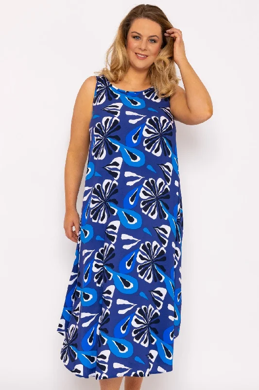 A-Line Midi Dress in Blue Print Fashionable Off-Shoulder Dress Midi