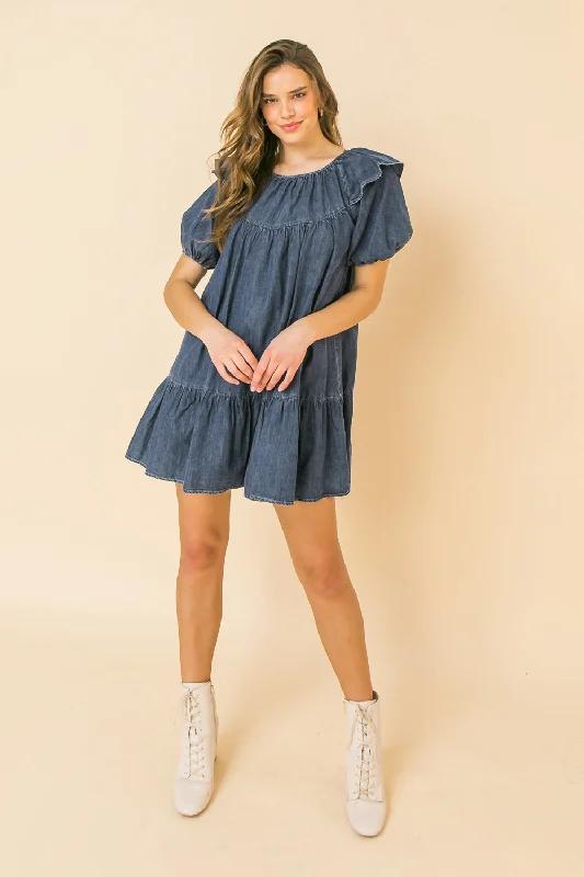 CHEERFUL SIGHTS DENIM MINI DRESS Comfortable Shift Mini Dress