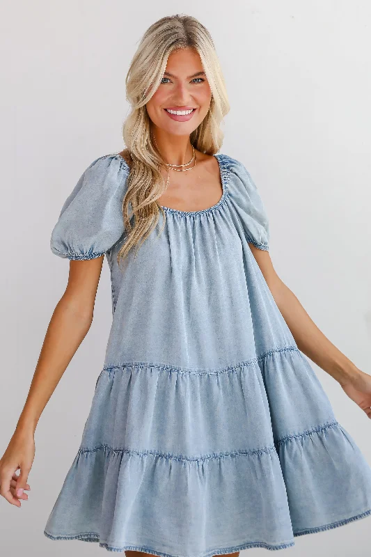 Aesthetic Charm Light Denim Tiered Mini Dress Stylish Ribbed Mini Dress