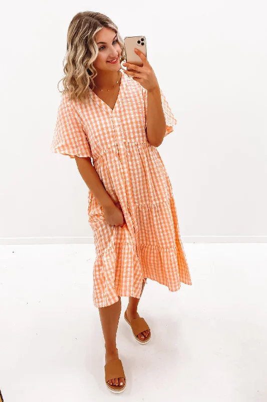 Ainsley Midi Dress Coral Gingham Classic Black Midi Dress