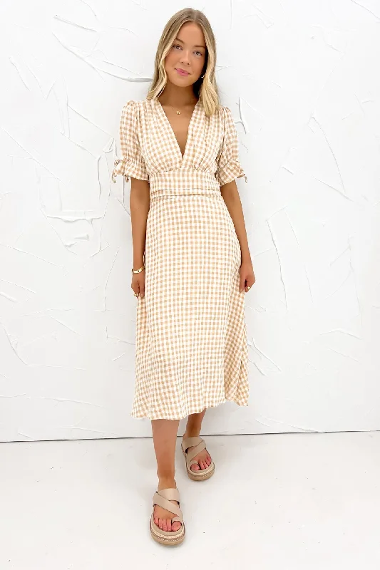 Aspyn Midi Dress Beige Check Comfortable Adjustable Strap Midi Dress