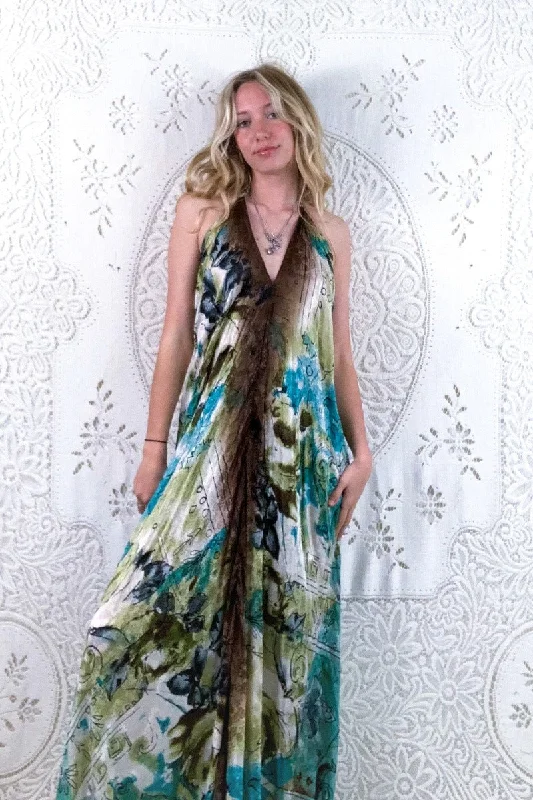 Athena Maxi Dress - Vintage Sari - Aqua & Earth Tone Illustrations - XS - M/L Cozy Longline Maxi Dress