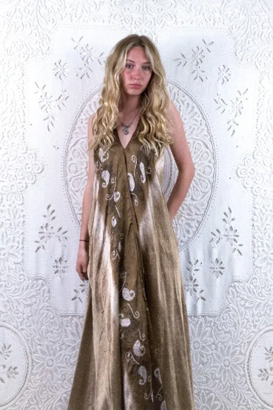 Athena Maxi Dress - Vintage Sari - Coffee Ice Cream - S - M/L Comfortable Bohemian Maxi Dress