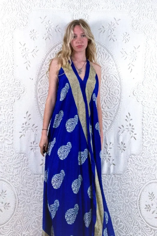 Athena Maxi Dress - Vintage Sari - Indigo Blue Bold Paisley Motif - XS - M/L Fashionable High-Low Maxi Dress