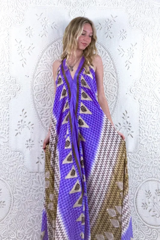 Athena Maxi Dress - Vintage Sari - Lavender & Fawn Fern Chevron Print - XS - M/L Elegant Sleeveless Maxi Dress