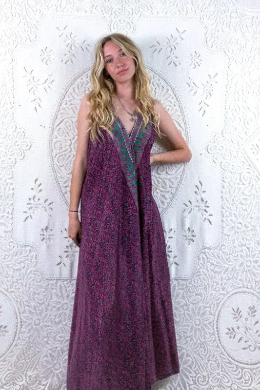 Athena Maxi Dress - Vintage Sari - Mulberry Purple & Jade Tile Print - XS - M/L Stylish Maxi Dress with Frills