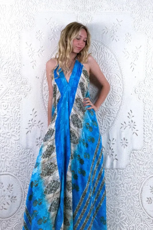 Athena Maxi Dress - Vintage Sari - Oceanic Blue Floral Shimmer - S - M/L Fashionable Sheer Maxi Dress