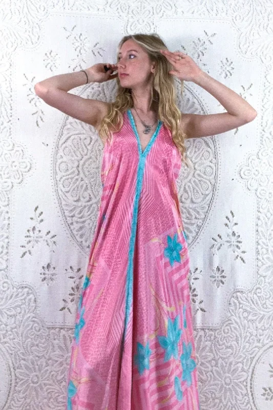 Athena Maxi Dress - Vintage Sari - Pink Lemonade & Mint Floral - S - M/L Cozy Ribbed Maxi Dress