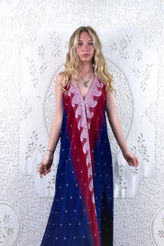 Athena Maxi Dress - Vintage Sari - Precious Red & Blue Embroidery - S - M/L Elegant Pleated Maxi Dress