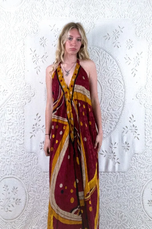 Athena Maxi Dress - Vintage Sari - Earthy Red Polka Dot Swirl - XS - M/L Cozy Open-Back Maxi Dress