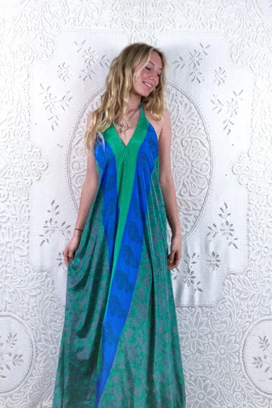 Athena Maxi Dress - Vintage Sari - Silver & Green Floral - S/M Elegant Maxi Dress with Slit