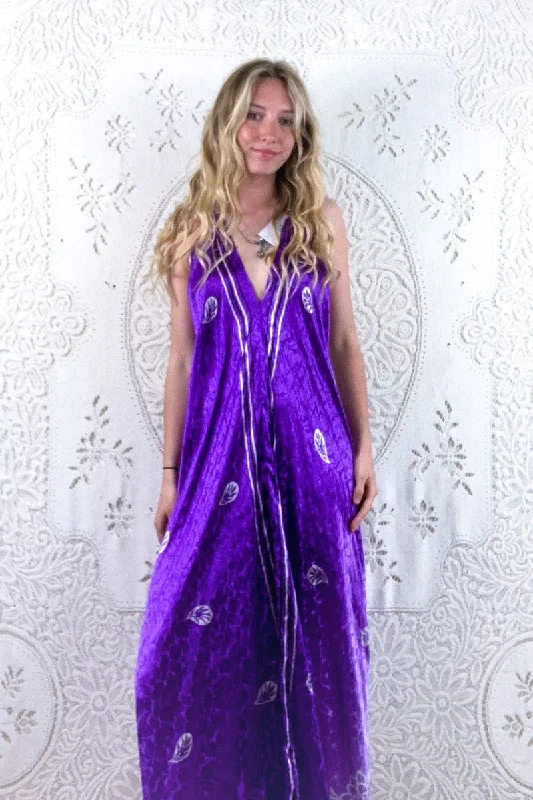 Athena Maxi Dress - Vintage Sari - Ultraviolet Shimmer - S - M/L Stylish Button-Up Maxi Dress