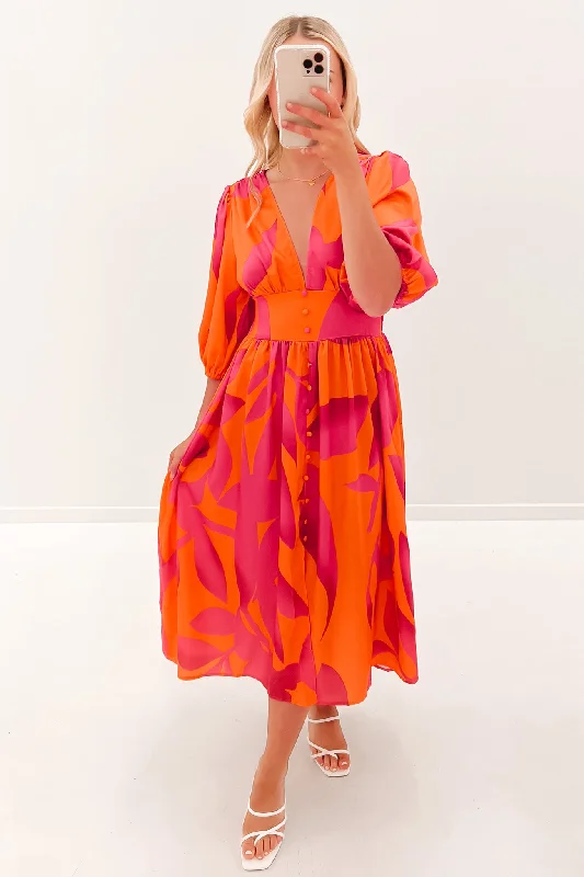 Ayva Midi Dress Orange Hot Pink Elegant V-Neck Midi Dress