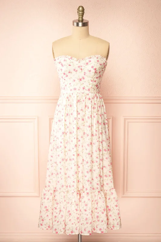 Azin Pink | Bustier Floral Midi Dress Comfortable Ruched Midi Dress