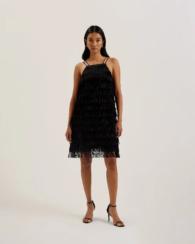 Bartin Fringe Halter Neck Mini Dress Black Comfortable Linen Mini Dress