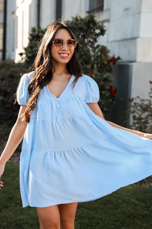 Beautiful Impression Light Blue Linen Mini Dress Stylish Button-Down Mini Dress