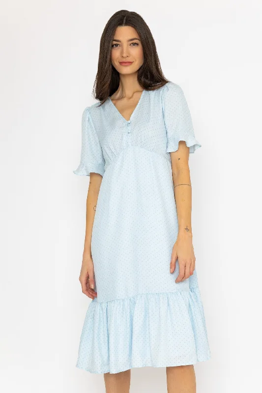 Betty Midi Dress in Blue Dot Trendy Fit-and-Flare Midi Dress