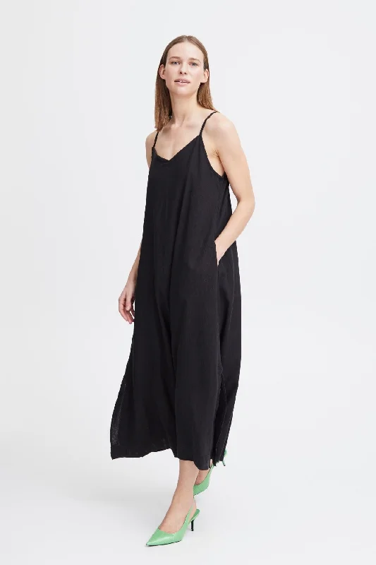 Black Linen Midi Dress Fashionable A-Line Midi Dress