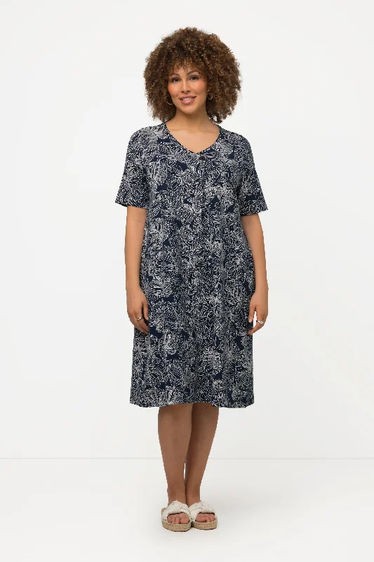 Black Monstera Print Short Sleeve Midi Dress Elegant V-Neck Midi Dress