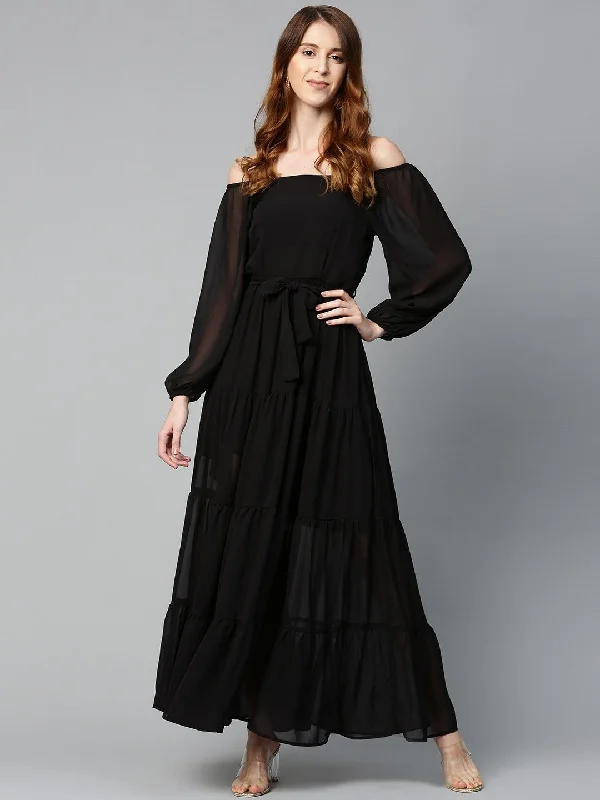 Women's Black Square Neck Tiered Maxi Dress - SASSAFRAS Elegant Lace Maxi Dress