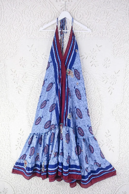 Blossom Halter Maxi Dress - Vintage Sari - Embellished Tonal Violet Leaf Print - Free Size M/L Stylish Longline Maxi Dress