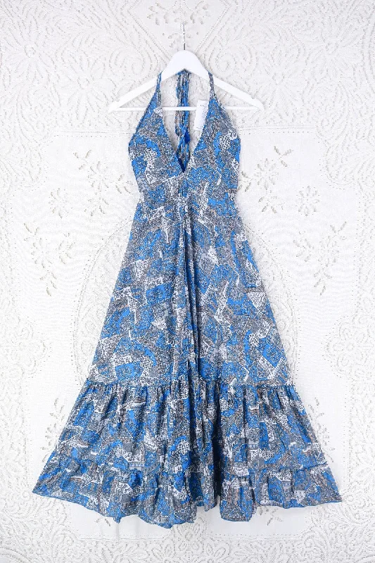 Blossom Halter Maxi Dress - Vintage Sari - Azure Blue & Grey Jacquard - Free Size M/L Fashionable Halter Neck Maxi Dress