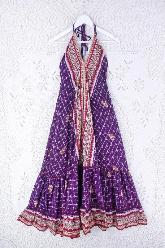 Blossom Halter Maxi Dress - Vintage Sari - Embroiderd Plum Purple Paisley - Free Size S/M Cozy Ruffle Sleeve Maxi Dress