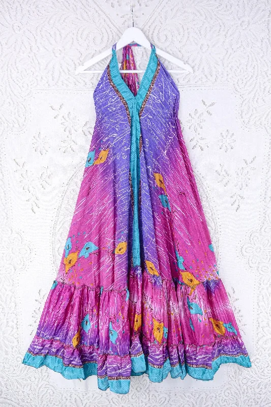 Blossom Halter Maxi Dress - Vintage Sari - Fuchsia, Turquoise & Violet Lilies  - Free Size S/M Classic Strapless Maxi Dress