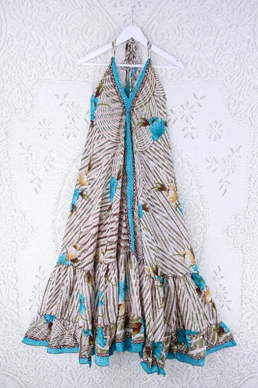 Blossom Halter Maxi Dress - Vintage Sari - White, Moss & Turquoise Stripy Floral - Free Size S/M Trendy V-Neck Maxi Dress