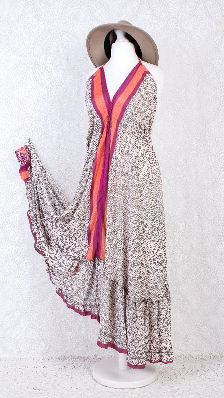 Blossom Halter-Neck Maxi Dress - Cream, Peach & Pink Sari (Free Size) Stylish Long Sleeve Maxi Dress