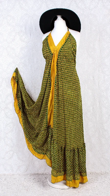 Blossom Halter-Neck Maxi Dress - Yellow & Dark Green Floral Sari (Free Size) Cozy Maxi Dress with Slit