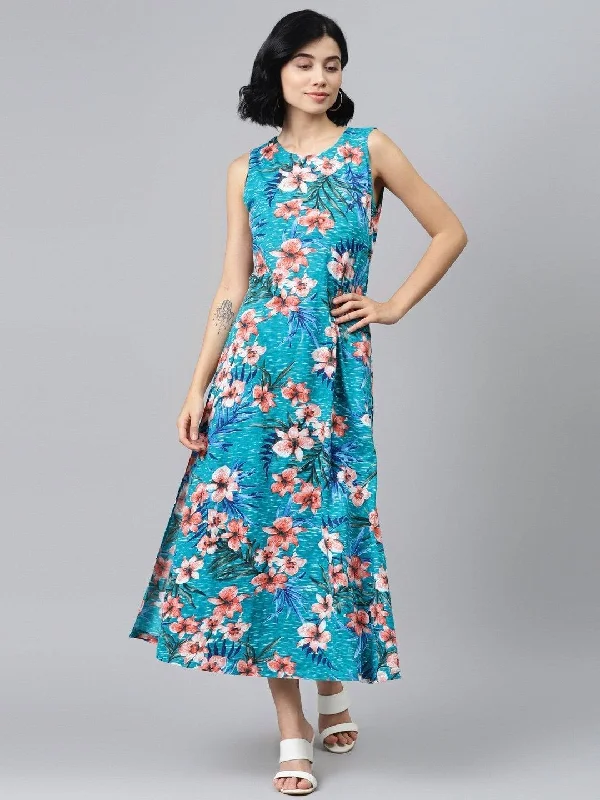 Women's Blue Floral Sleeveless Jersey Maxi Dress - SASSAFRAS Comfortable Fitted Maxi Dress