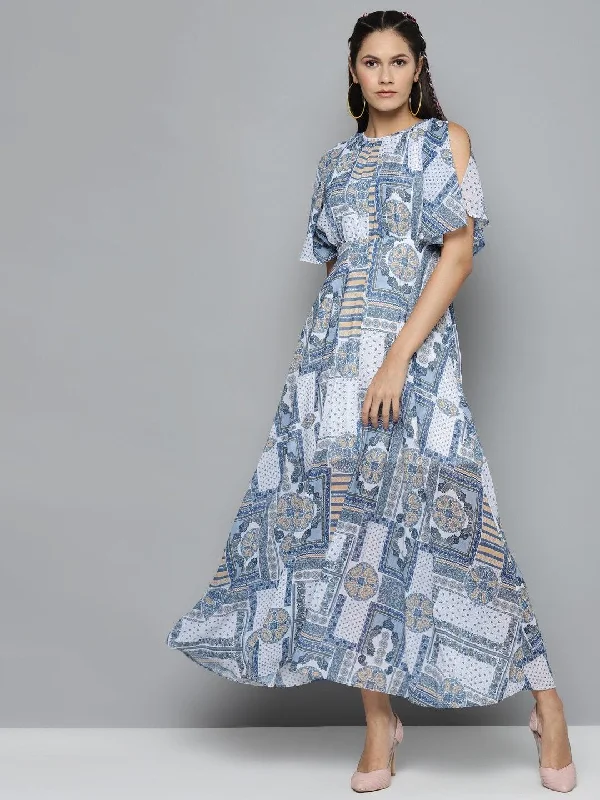 Women's Blue Patch Print Maxi Dress - SASSAFRAS Fashionable Asymmetrical Maxi Dress