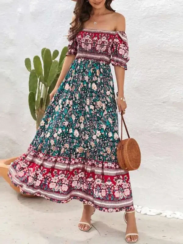 Boho Beach Vacation Dress Off-Shoulder Puff Sleeve Floral Midi Dress Comfortable Ribbed Midi Dress