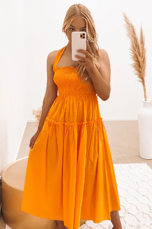 Charlotte Midi Dress Orange Trendy Boho Midi Dress