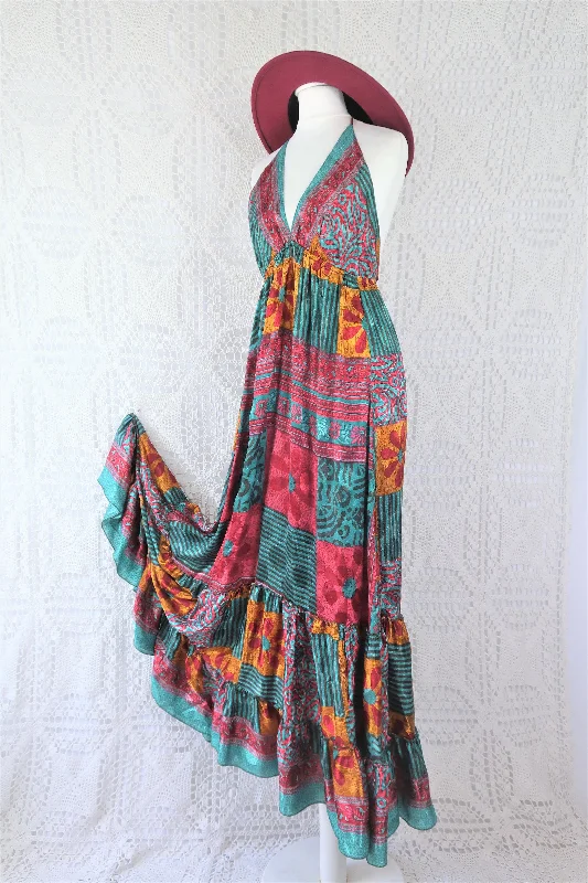 Cherry Maxi Dress - Vintage Indian Sari - Teal, Mustard & Rose Patchwork Floral Shimmer - Free Size Chic Boho Print Maxi Dress