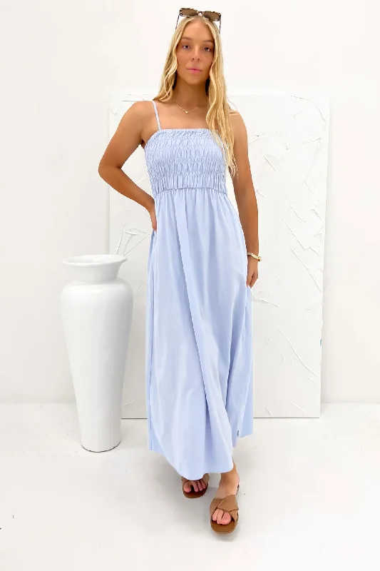 Classic Shirred Midi Dress Blue Fashionable Sheer Sleeve Midi Dress