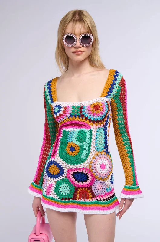 CROCHET ALL DAY COLORBLOCK MINI DRESS-PINK MULTI Comfortable Polka Dot Mini Dress