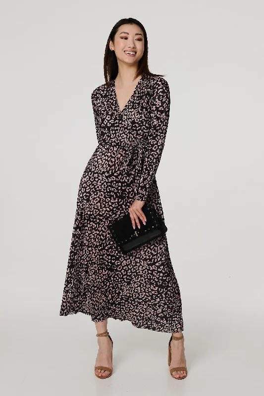 Animal Print Pleated Wrap Midi Dress Fashionable Polka Dot Midi Dress