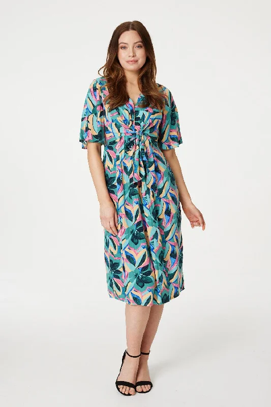 Floral Tie Front Midi Dress Fashionable One-Shoulder Midi Dress