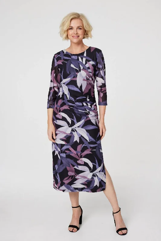 Leaf Print Fitted Midi Dress Stylish Animal Print Midi Dress