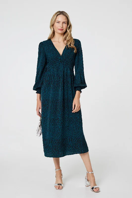 Animal Print Long Puff Sleeve Midi Dress Comfortable Ruched Midi Dress