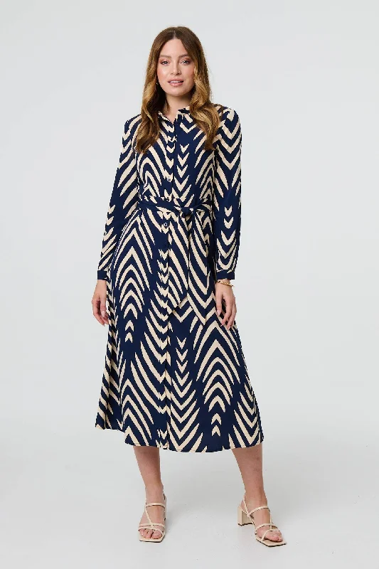 Chevron Print Tie Waist Shirt Midi Dress Comfortable Empire Waist Midi Dress