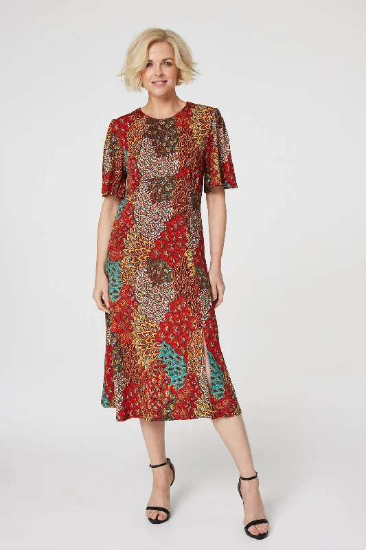 Peacock Print Jersey Midi Dress Trendy Flared Sleeve Midi Dress