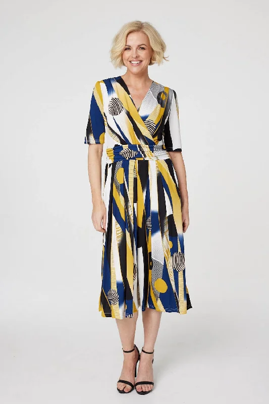 Printed Wrap Front Midi Dress Comfortable Denim Midi Dress