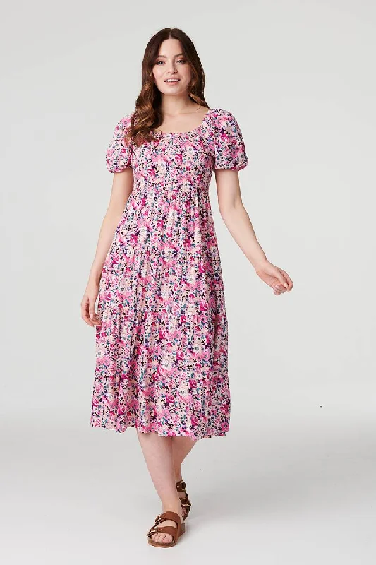 Floral Puff Sleeve Smock Midi Dress Cozy Tie-Dye Midi Dress